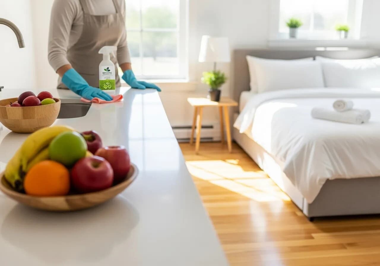 Cleaner resetting a bright short-term rental