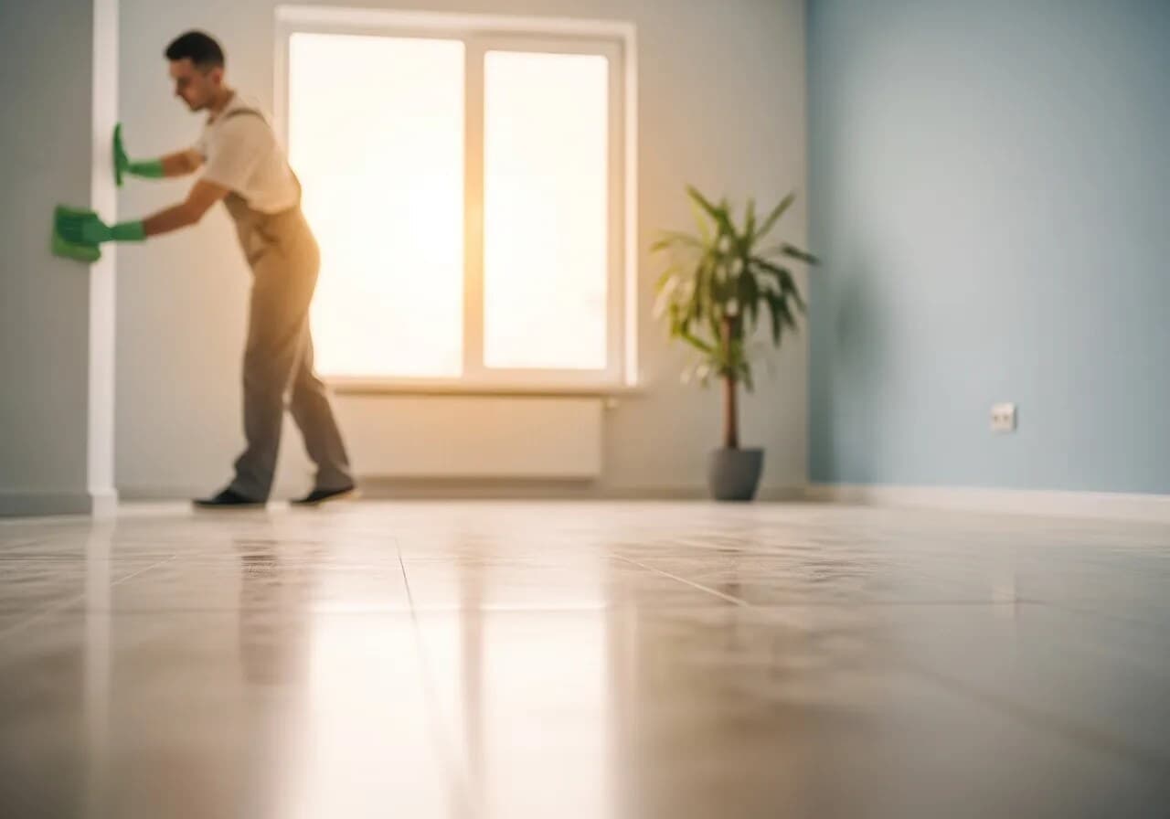 A cleaner detailing a bright room with freshly cleaned floors