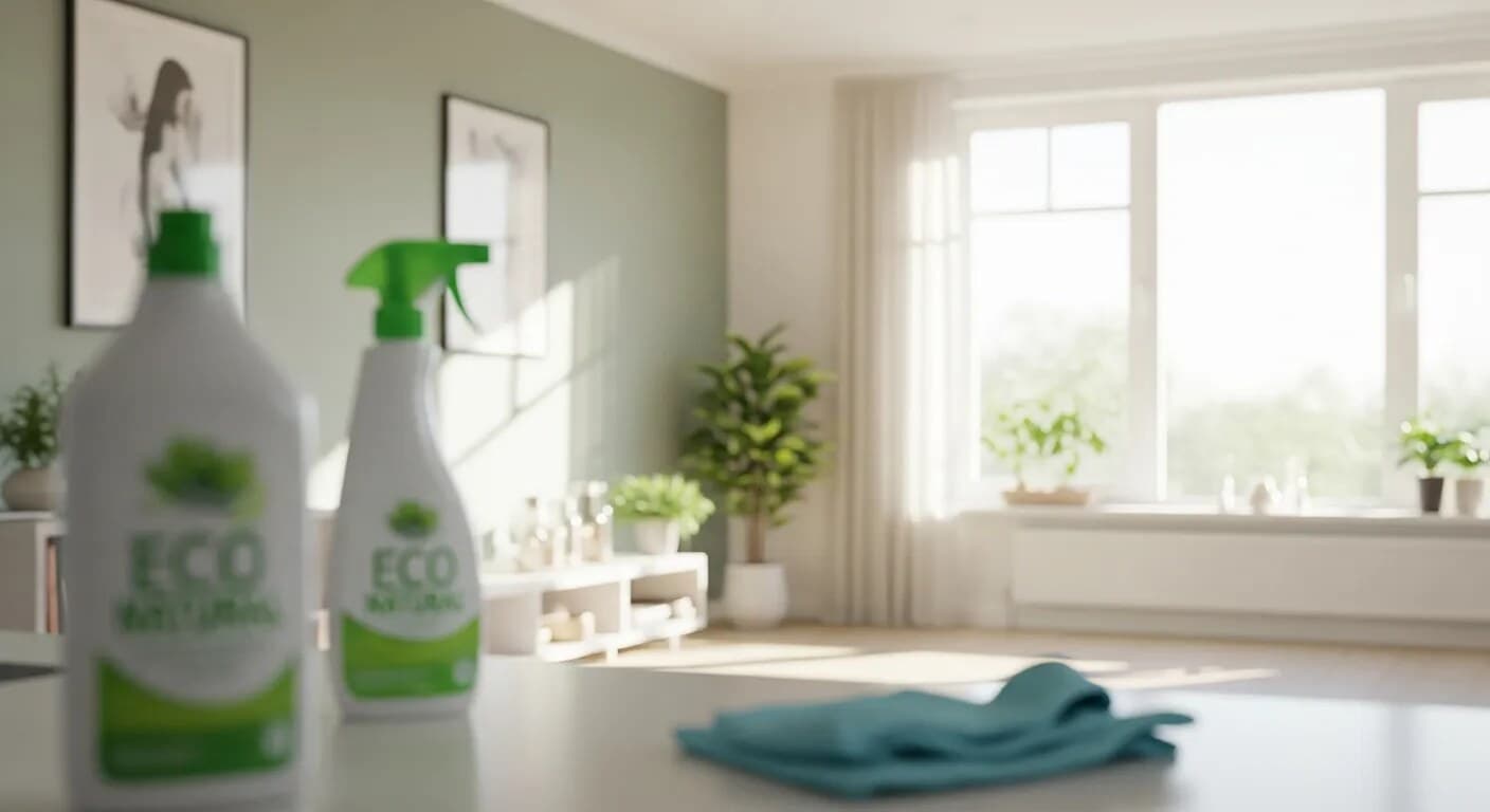 Eco-friendly cleaning supplies in a bright, professionally cleaned room
