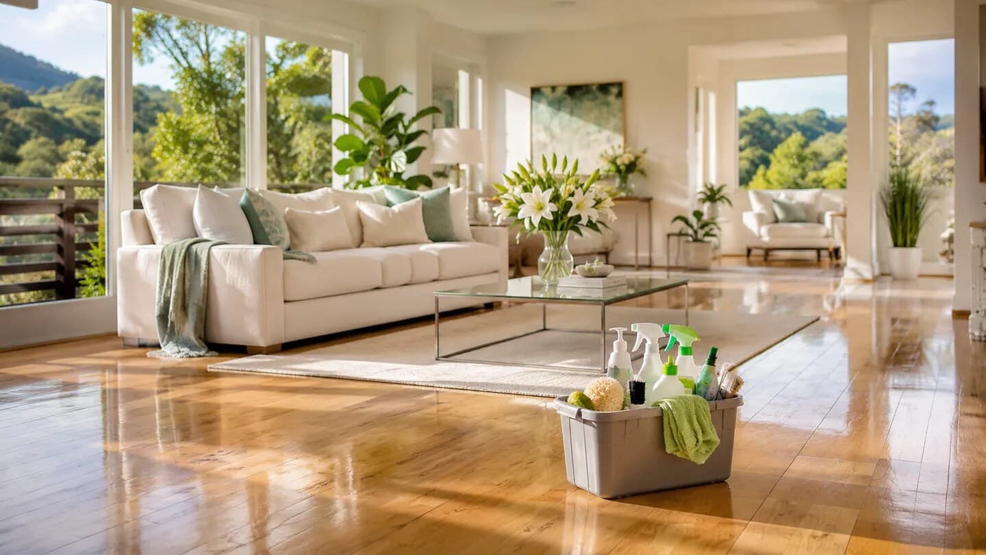 Bright Sonoma County living room prepared with cleaning supplies