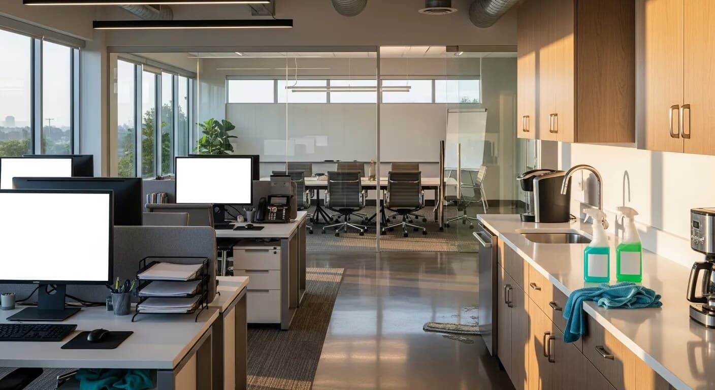 Clean modern office with supplies ready on a counter